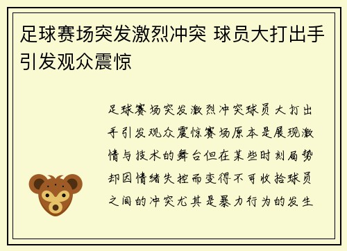 足球赛场突发激烈冲突 球员大打出手引发观众震惊