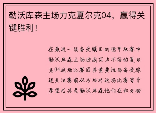 勒沃库森主场力克夏尔克04，赢得关键胜利！