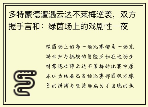 多特蒙德遭遇云达不莱梅逆袭，双方握手言和：绿茵场上的戏剧性一夜