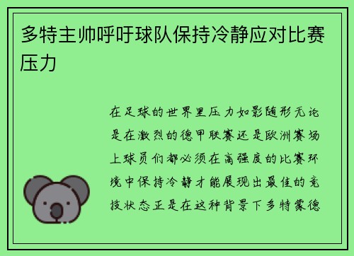 多特主帅呼吁球队保持冷静应对比赛压力