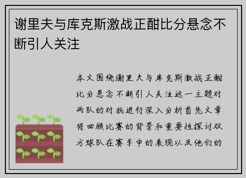 谢里夫与库克斯激战正酣比分悬念不断引人关注