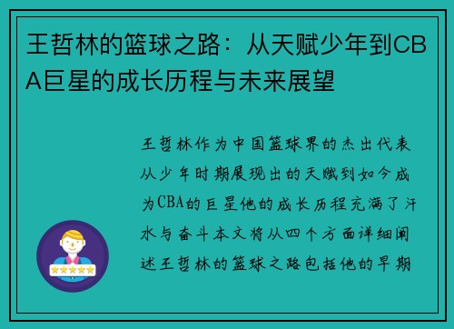 王哲林的篮球之路：从天赋少年到CBA巨星的成长历程与未来展望
