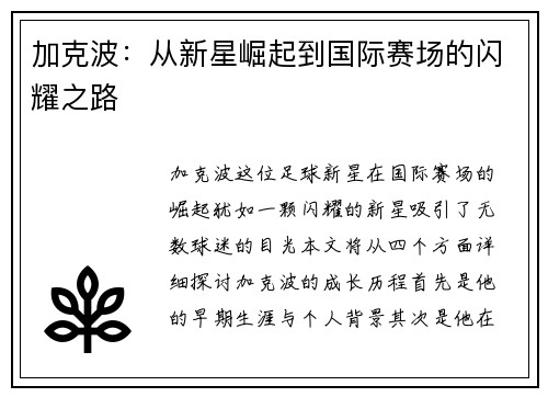 加克波：从新星崛起到国际赛场的闪耀之路