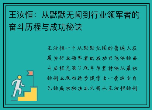 王汝恒：从默默无闻到行业领军者的奋斗历程与成功秘诀