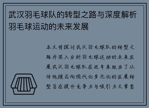 武汉羽毛球队的转型之路与深度解析羽毛球运动的未来发展