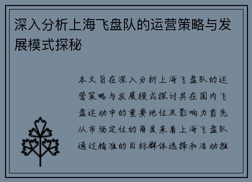深入分析上海飞盘队的运营策略与发展模式探秘