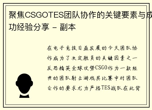 聚焦CSGOTES团队协作的关键要素与成功经验分享 - 副本