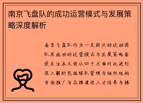 南京飞盘队的成功运营模式与发展策略深度解析